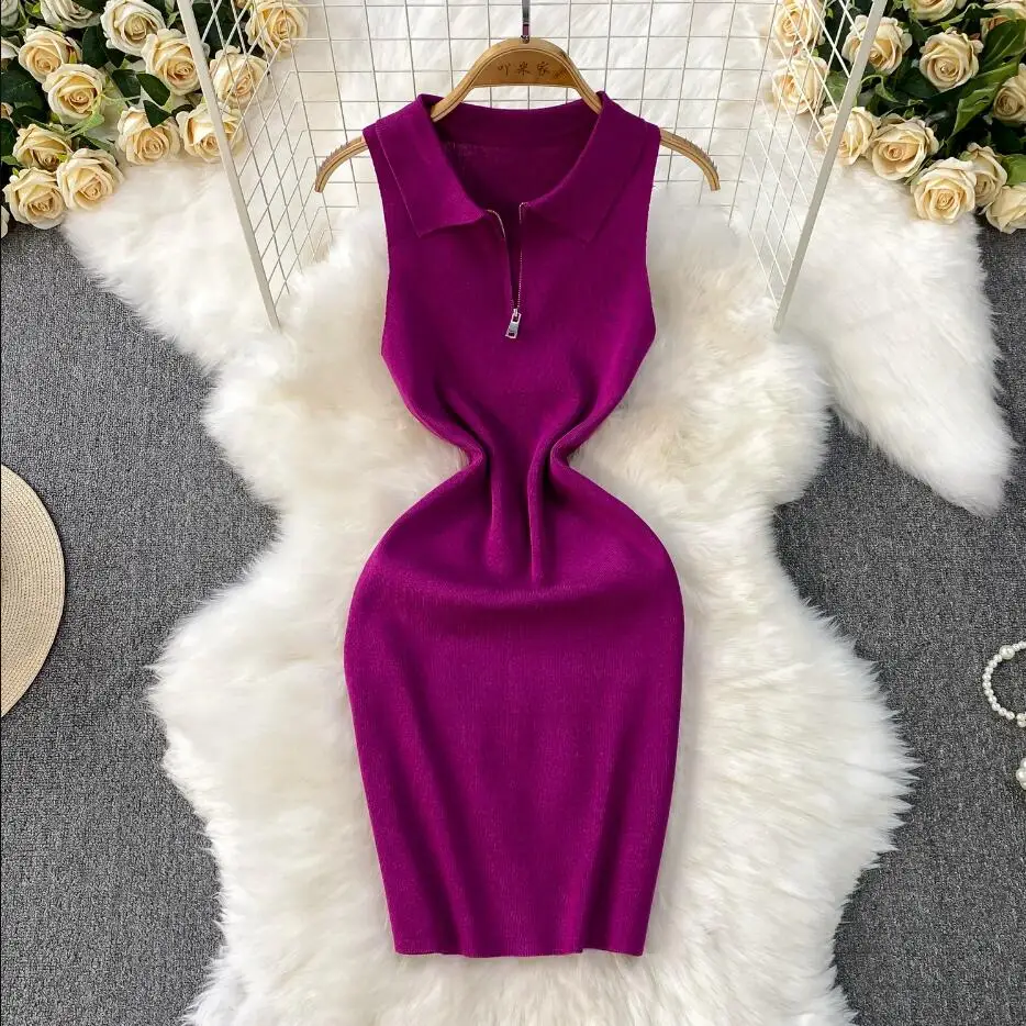 INS mince femmes été col polo tricoté moulante mini robe courte débardeur décontracté Chic fête sexy fermeture éclair streetwear robe de boîte de nuit