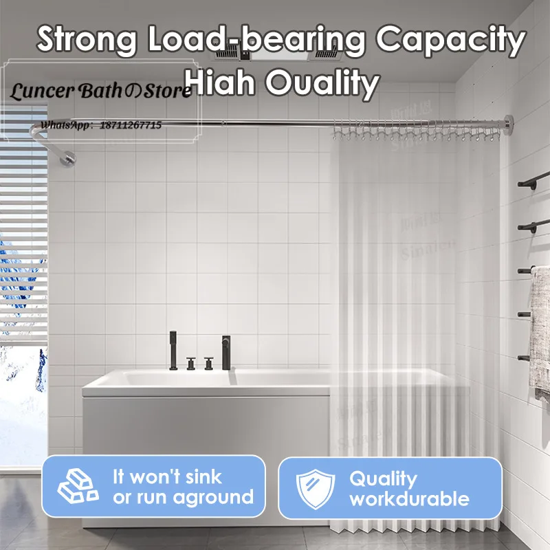 Wall Mounted Curved Shower Curtain Rod Set, L Shaped Adjustable Tension Rod for Bathroom Corner, Wet Dry Separation Waterproof