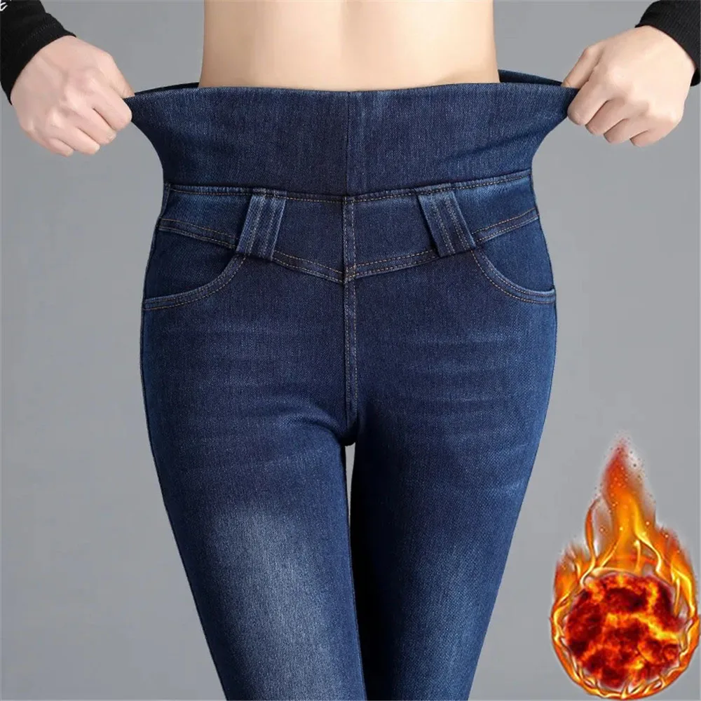 

Thicken Warm Skinny Mom Pencil Jeans Winter Denim Pants Casual High Waisted Velvet Lined Vaqueros Big Size Stretch Denim Trouser