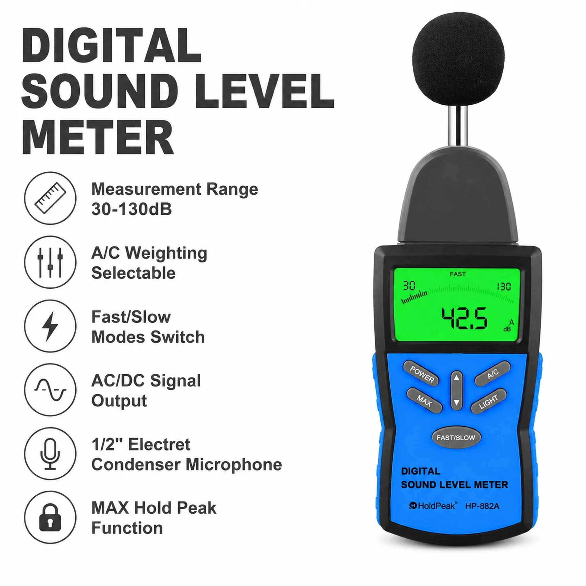 HoldPeak Digital Sound Level Meter, 30-130dB Range, A/C Weighting with Fast/Slow Response, Max Hold, LCD for Industrial/Home