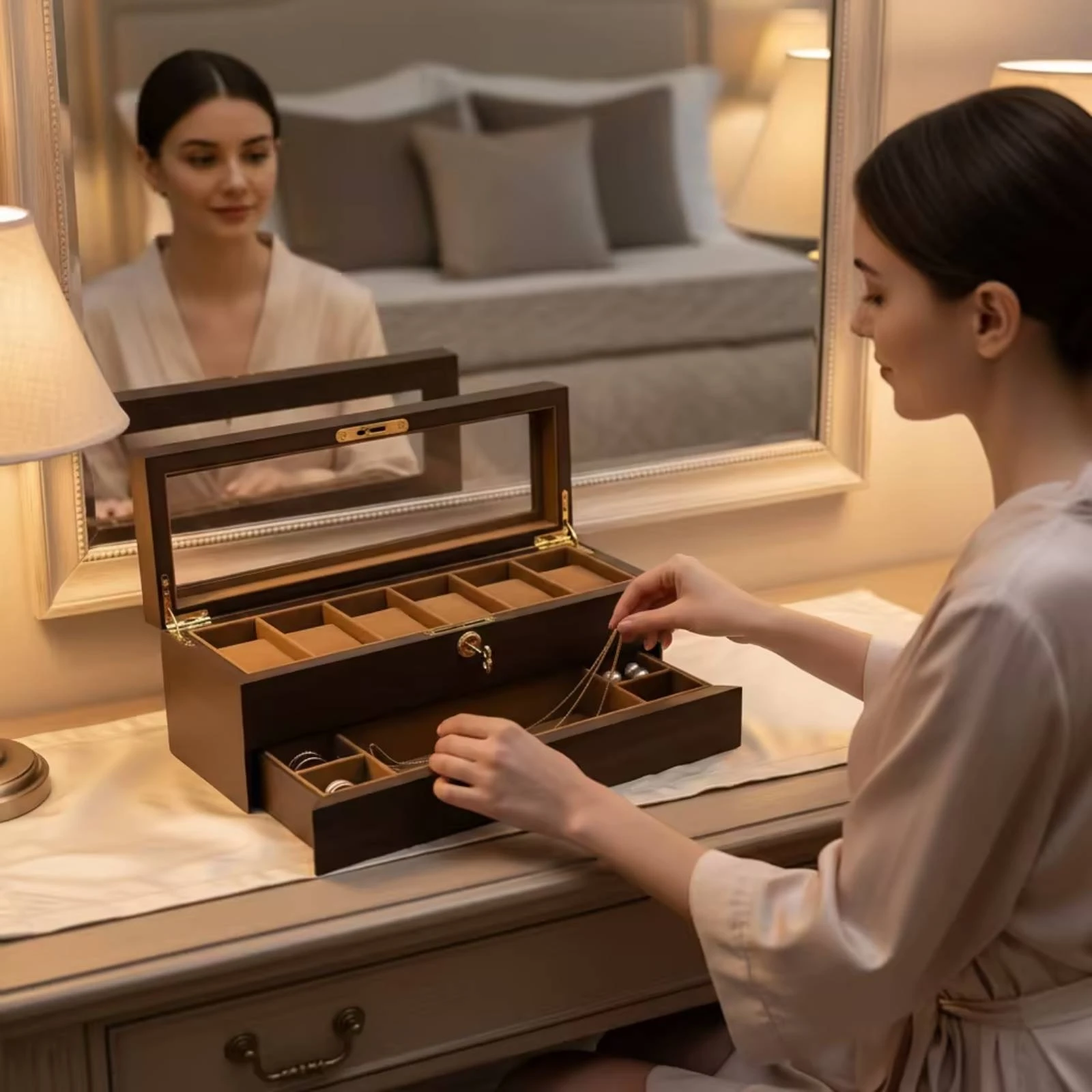 Jewelry Box with Drawer Lockable Watch Box with Glass Lid Two-Layer Watch Holder Transparent for Dresser, Vanity