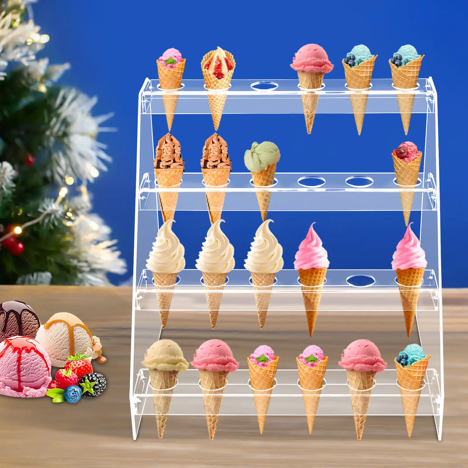 

24 Hole Wedding Reusable Acrylic Ice Cream Cone Holder Trapezoid Graduation Wedding Christmas Birthday 4-Tier