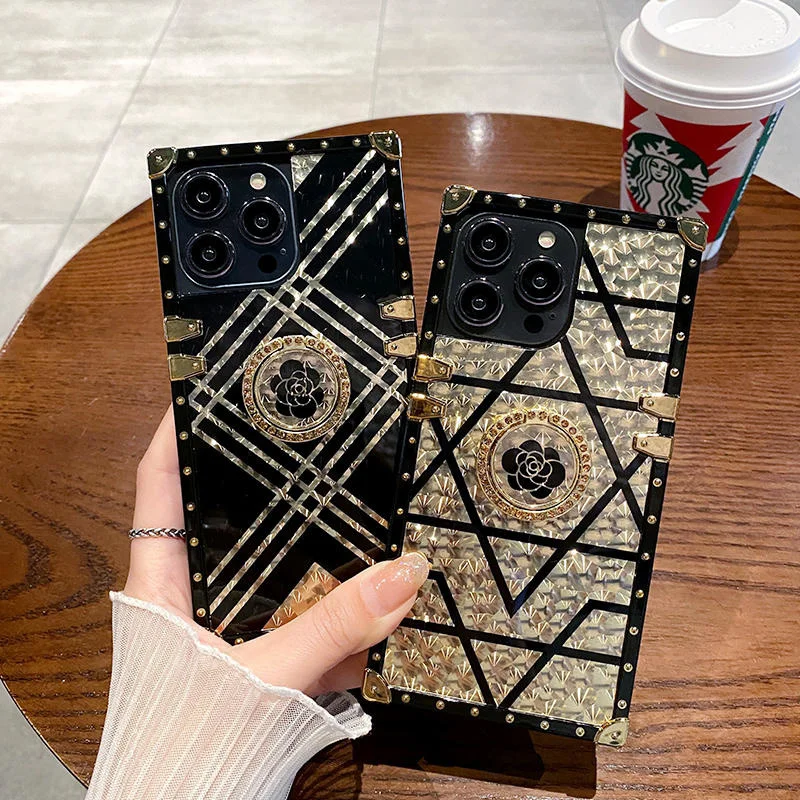 Gold Upscale Luxurious Ring Holder Square Phone Case For iPhone 11 12 13 14 15 16Pro Max XR X XS 7 8 Plus Silicone Bling Cover