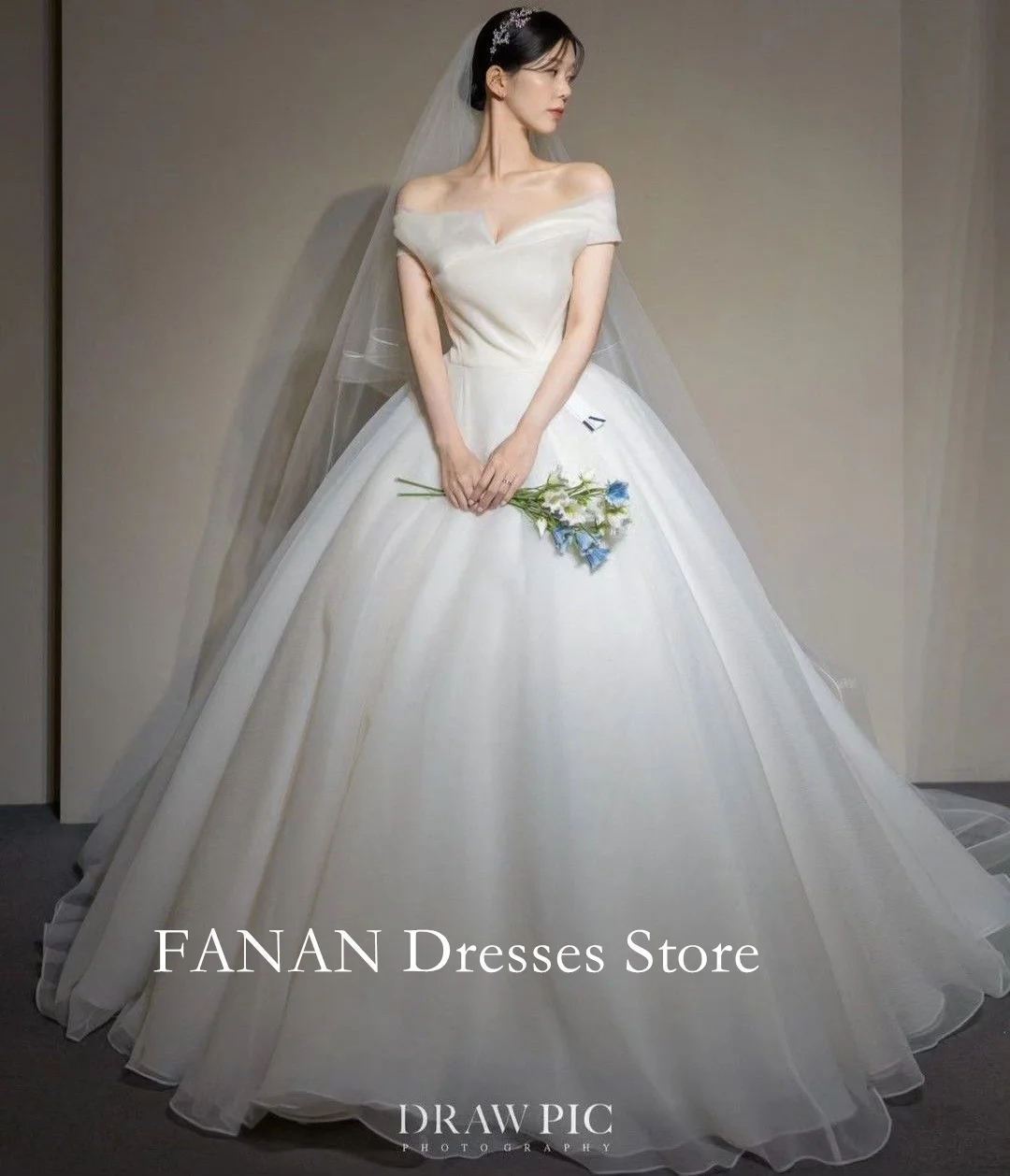 

FANAN Korea Ivory Short Sleeves Organza Wedding Dresses 웨딩드레스 Customized Off the Shoulder Princess Corset Bride Gowns Plus Size