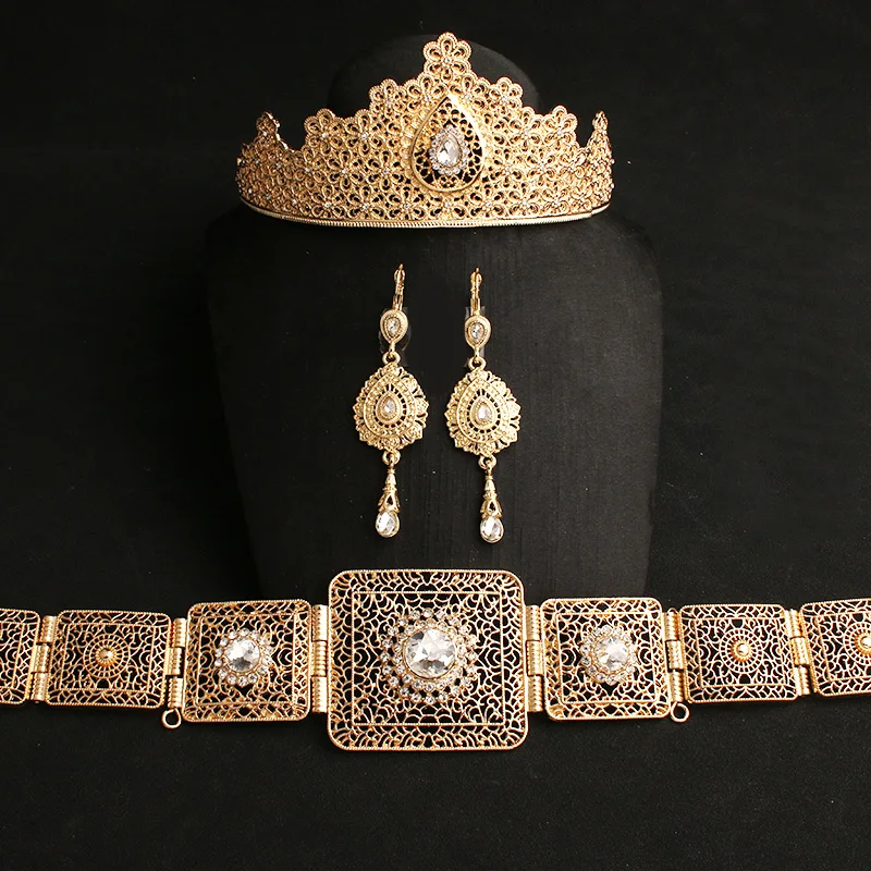 Dicai Elegant Women Jewelry Set Bridal Tiara Crown Algeria Ladies Earrings Metal Belt Accessories for Women Luxury Designer