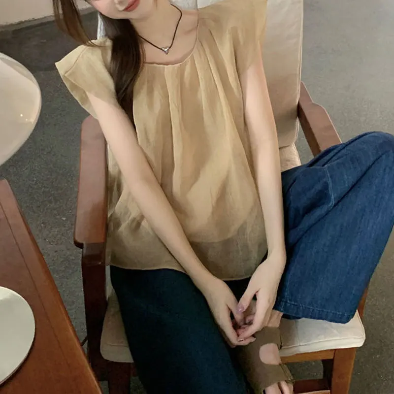 Fashion Vintage Loose Folds Blouse Summer Korean Flying Sleeve Women\'s Clothing Solid Color All-match Casual Round Neck Shirt