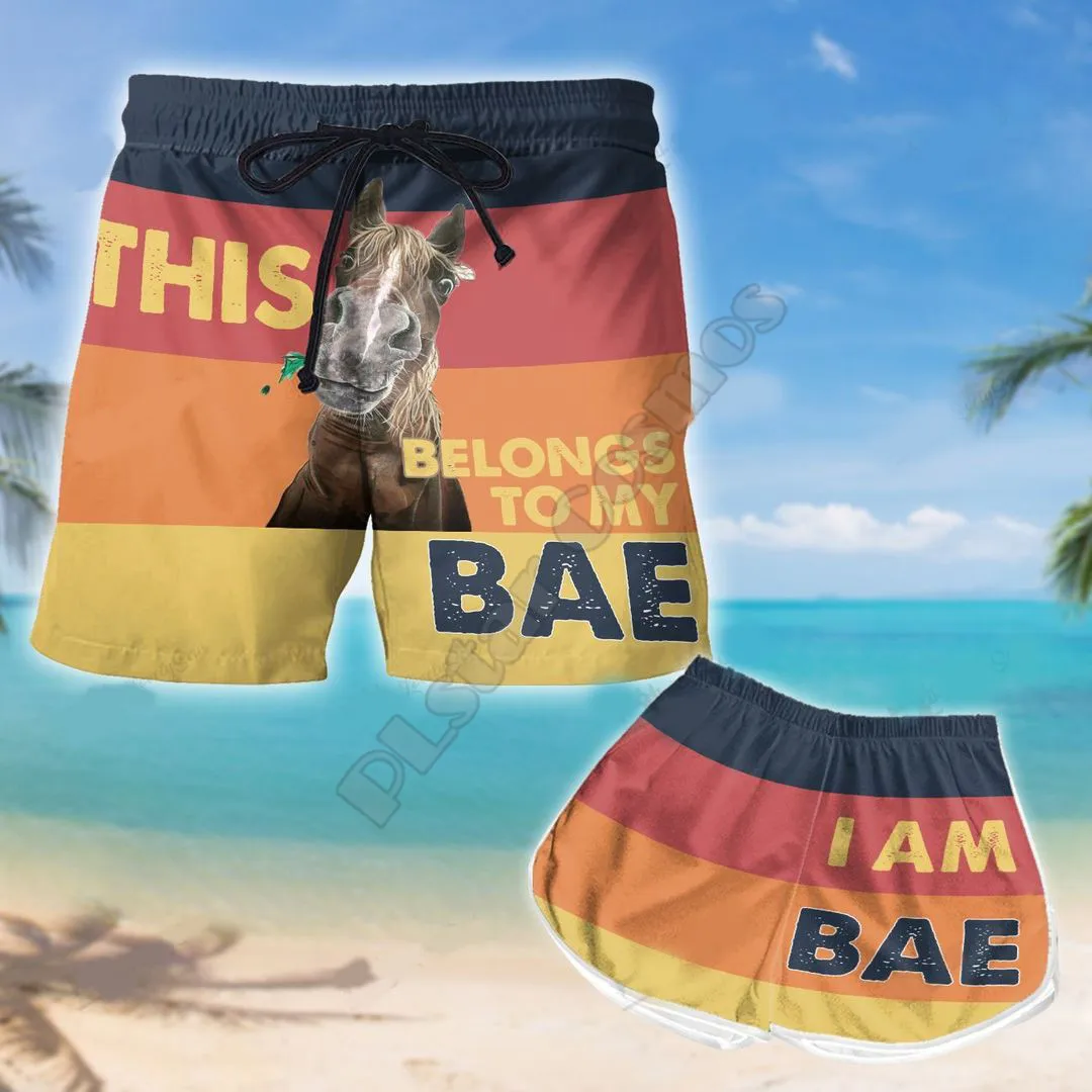 Couple Matching Horse This Belongs To Bae I Am Bae Printed 3D Elastic Waist Summer Quick Dry Beach Shorts Swimming Trunks