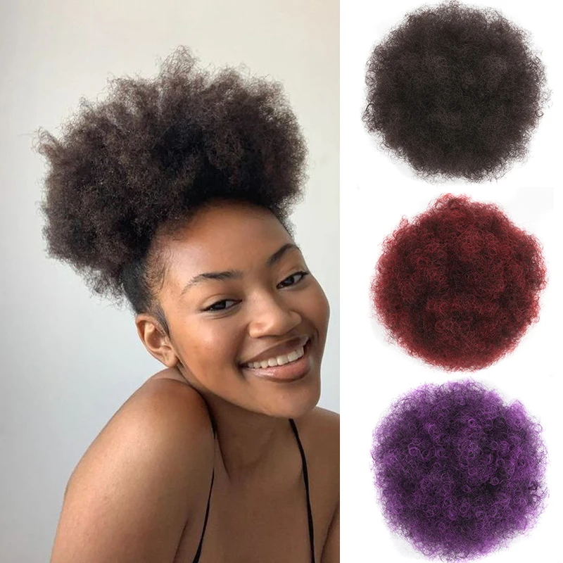

8inch Synthetic Afro Puff Drawstring Ponytail Hair Short Kinkys Curly Hair Bun Extension Black Afro Curly Clip in Buns for Women