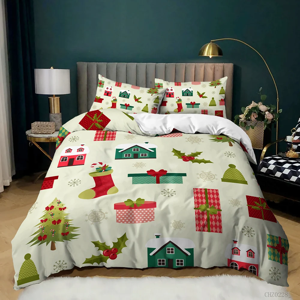 Christmas Duvet Cover Set Winter Snowman Santa Claus Christmas Stocking Bedding Set Double Queen King Size Polyester Qulit Cover