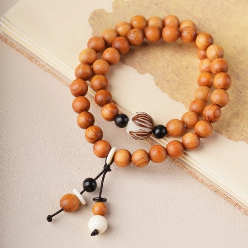 

Aged Chinese Cypress Wood Bracelet with Buddhist , Designer Accessory, Decorative Handpiece, Meditation Beads for Men and W