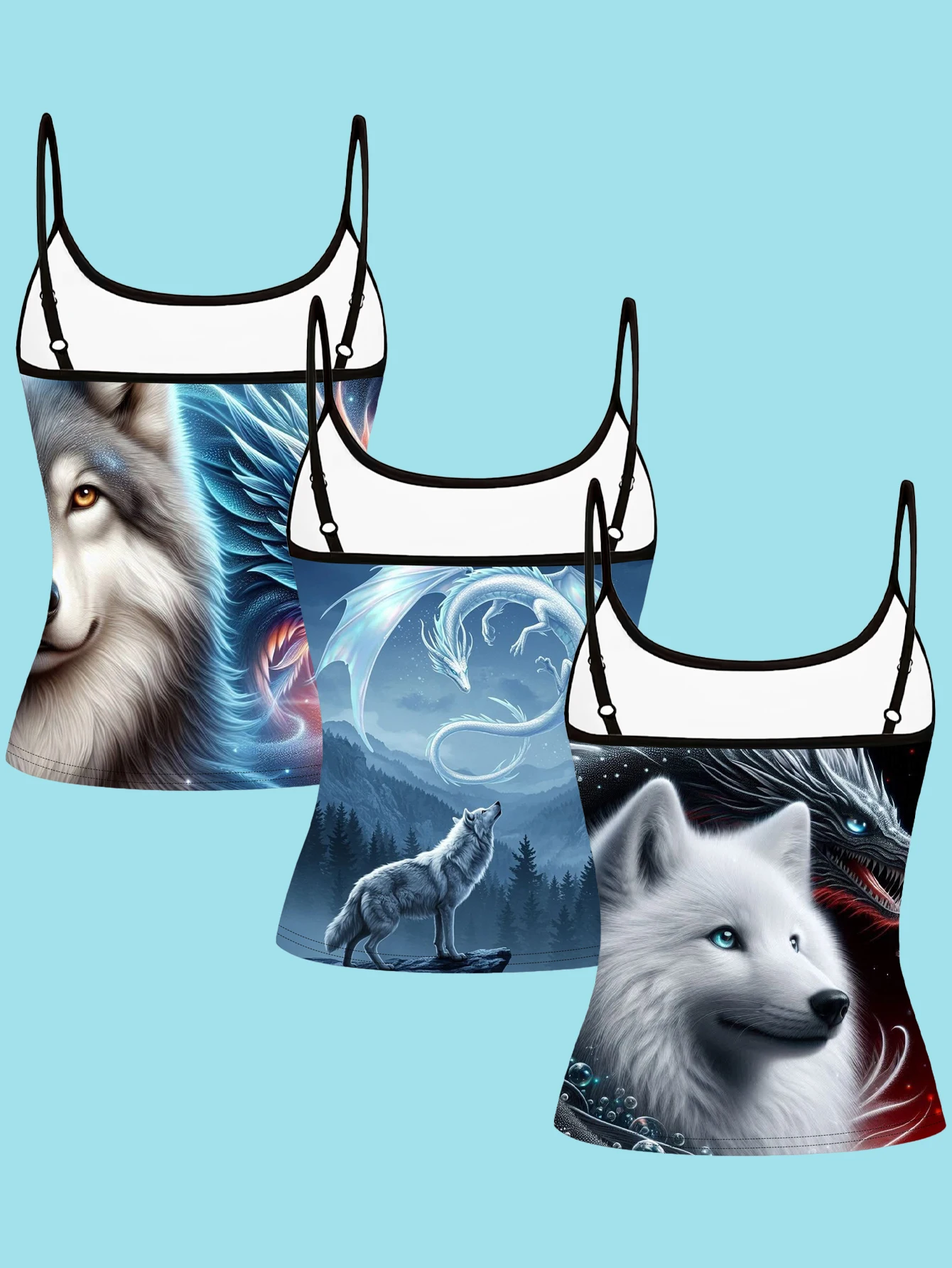 3-Piece Set of Wolf Dragon Fantasy Print Spaghetti Strap Tank Tops, White Dragon Howling at the Moon, White Wolf Valley Dark Gothic Style Slim Fit Sleeveless Tops, Y2K Punk Inner and Outer Wear Base Layer Shirts