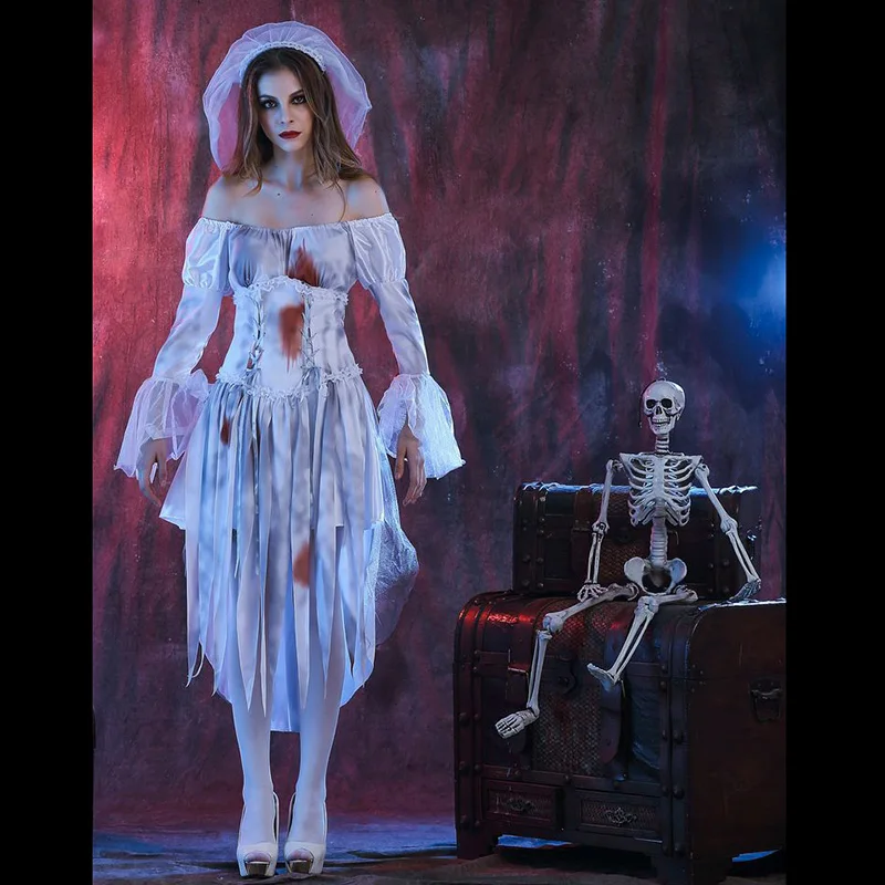 

Halloween Costume Horror Bloody Ghost Bride Cosplay Ghost Festival Carnival Clothes Adult Woman Disguise Bandage Off Shoulder