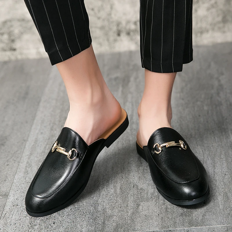 Summer Half Shoes For Men Dress Shoes Mules Man Slides Leather Semi-Drag Casual Shoes Backless Loafers Slippers Flats Sandals