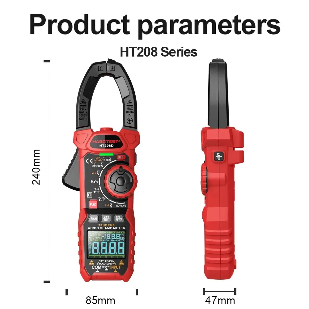 HT208D Amp Meter Clamp AC/DC,1000A True RMS Multimeter Tester, 6000 Counts,with Temperature, NCV, LPF, Voltage and Current Test