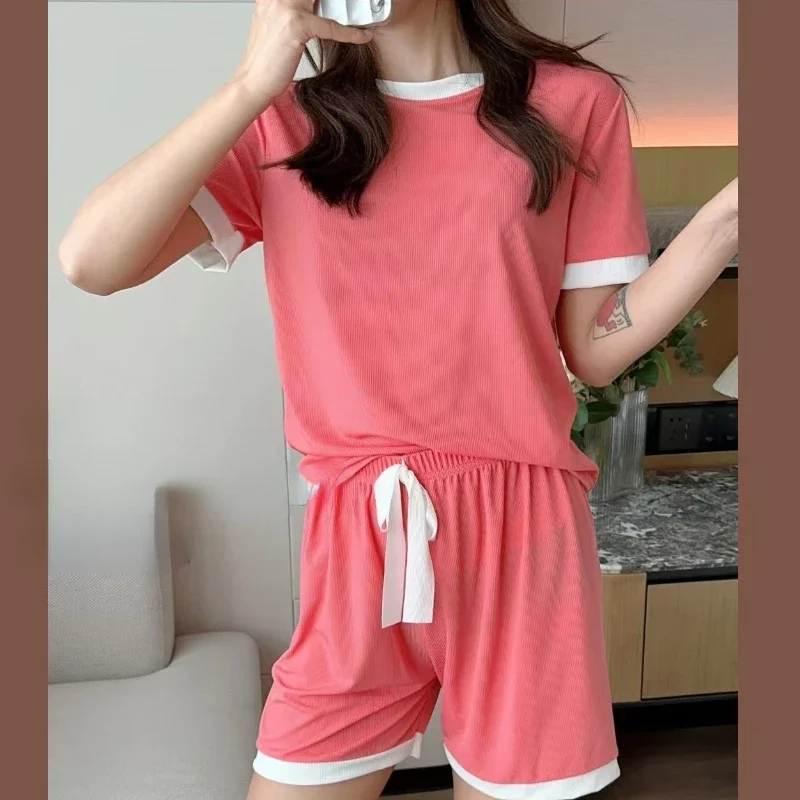 

Women Pajama Set Short Sleeve Tops Shorts Two Piece Suit Kawaii Clothing Lingerie Homewear Sleepwear Summer Nightwear Solid