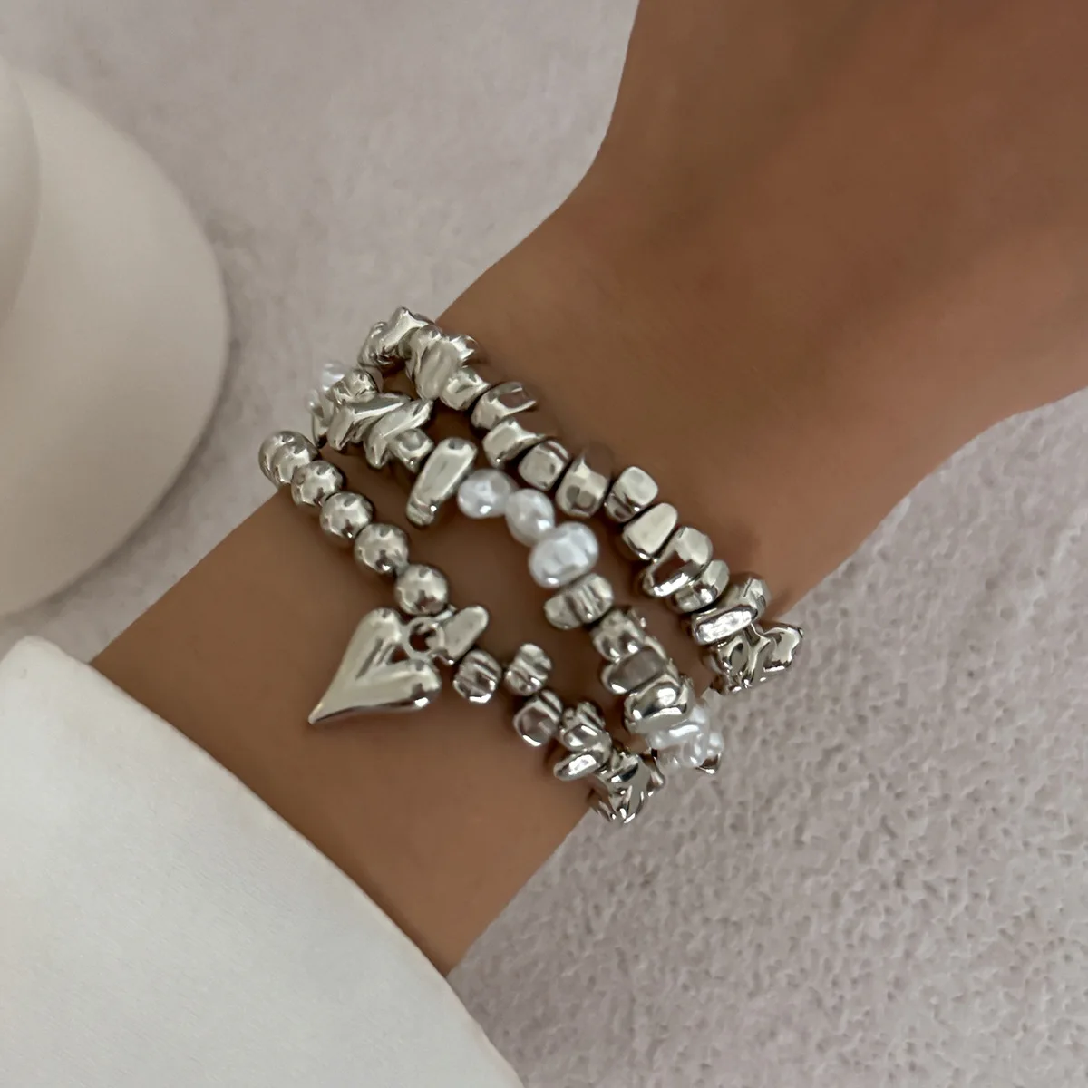 Vintage Irregular CCB Beads Heart Shaped Pendant Bracelet Set for Woman Unique Design Fashion Stackable Bracelets Jewelry Gift