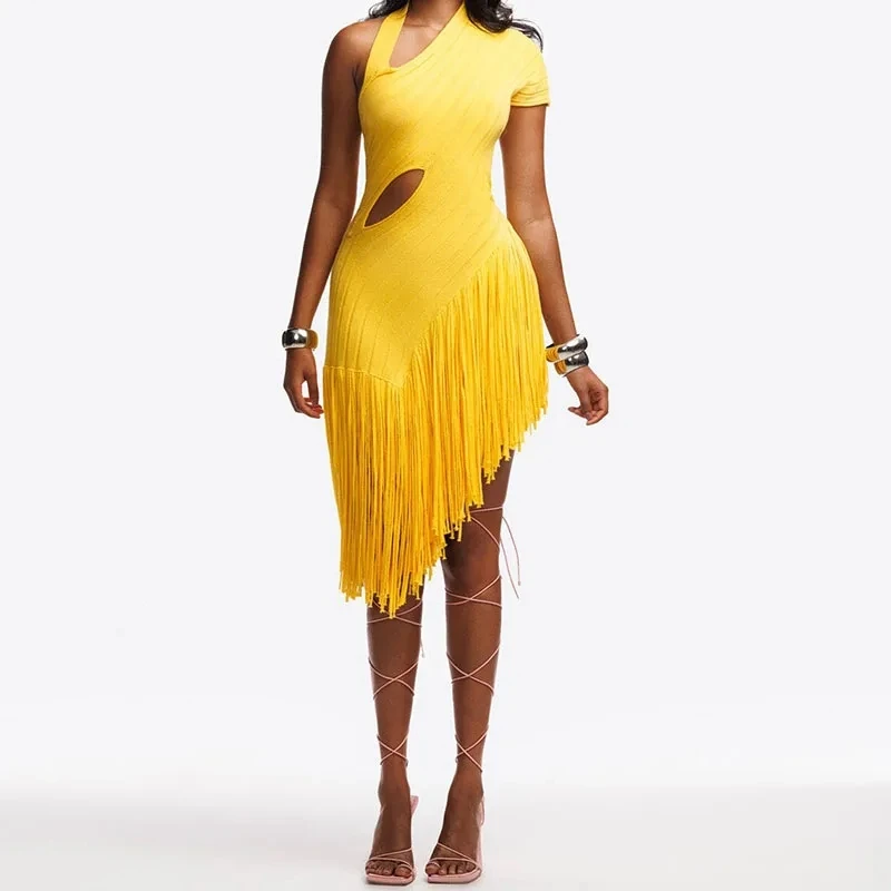 

Fashion Design Style Slash Collar Tassel Dress Sexy Hollow Out Sleeveless Slim Midi Dress Elegant Lady Solid Color Banquet Dress