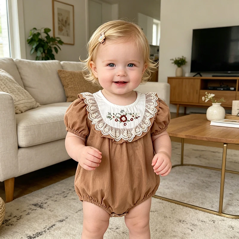 2026 Neue Baby-Mädchen-Bodys 0-24M Baby-Mädchen-Neugeborenen-Strampler Sommer Kurzarm Baumwolle Bestickter Baby-Mädchen-Jumpsuit