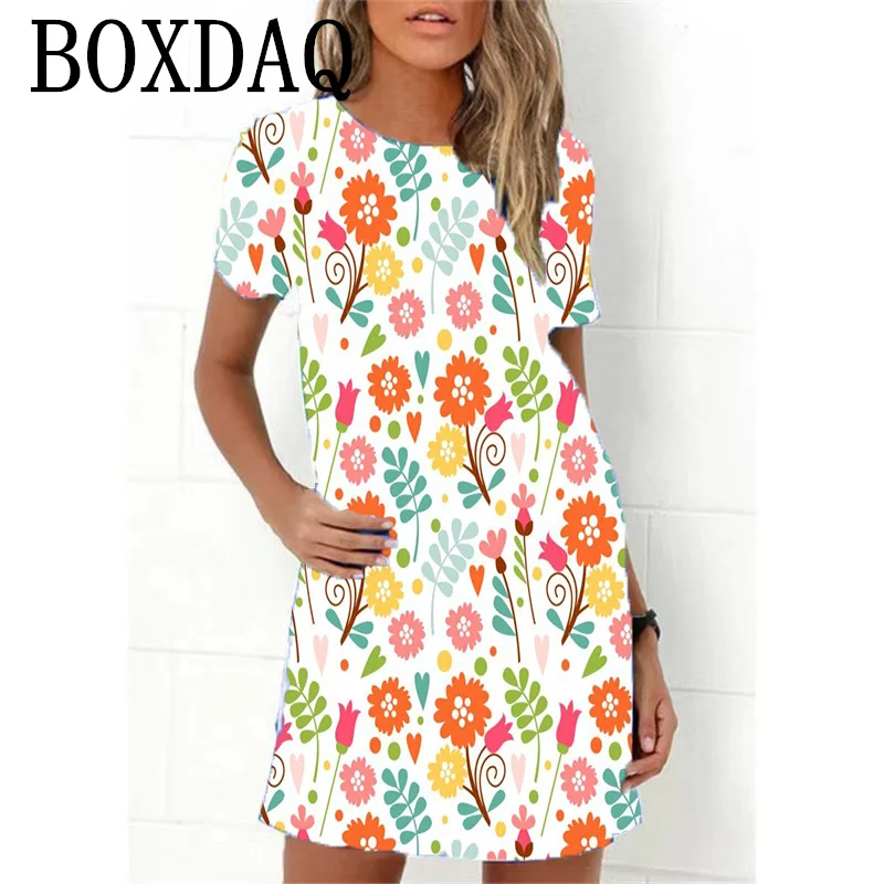 

Vintage Floral Print Women Dress Elegant Sweet Short Sleeve O-Neck Loose A-Line Dress Oversized Summer New Beach Sundress Ladies