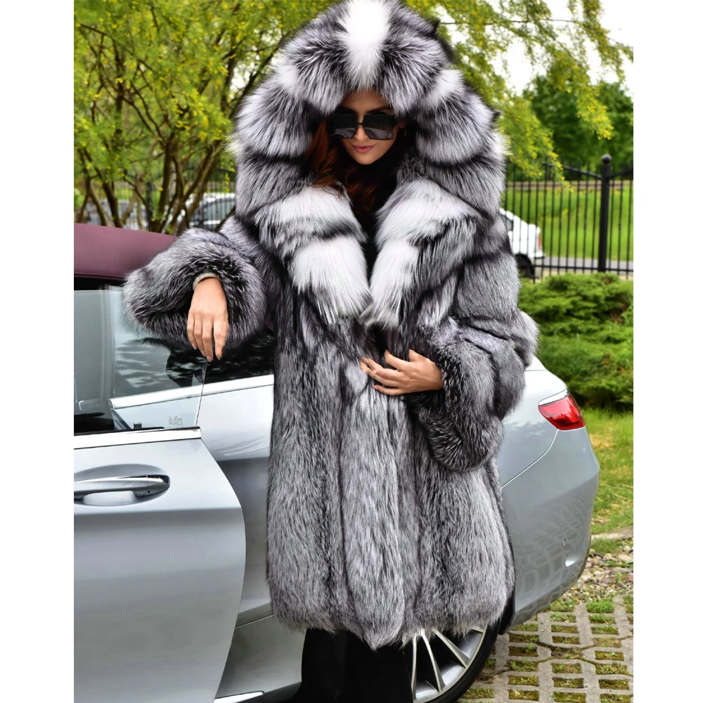 

BFFUR Fashion Long Real Silver Fox Fur Coat With Hood Thick Warm Natural Fox Fur Coats 2022 New Trendy Whole Skin Fur Overcoats