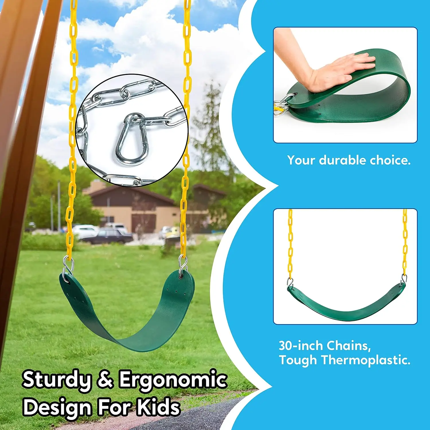 

3 Pack Green Swing Seats Heavy Duty with 66" Chain,Swing Set Accessories Replacement with Snap Hooks for Kids Play (Limit 300lb)