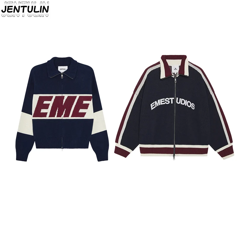 

Ретро-стиль Харадзюку с элементами кэжуал ​ ​ Свитер на молнии, новый модный повседневный свитер, мужская одежда в стиле Y2K с вышивкой, женская одежда