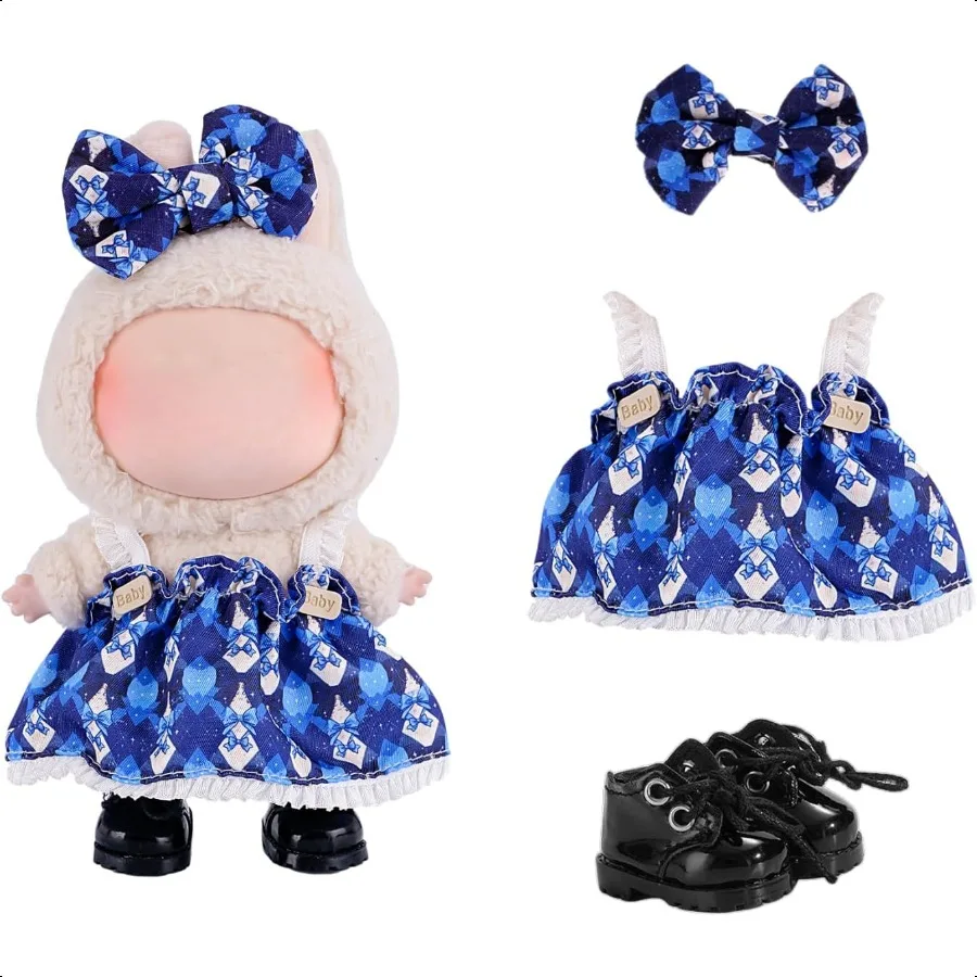 

3Piece Clothes for17cm Doll Clothes Set OutfitBlue Diamond Plaid Dr + Butterfly Clip + Versatile Black Glossy Shoesno Doll Incl