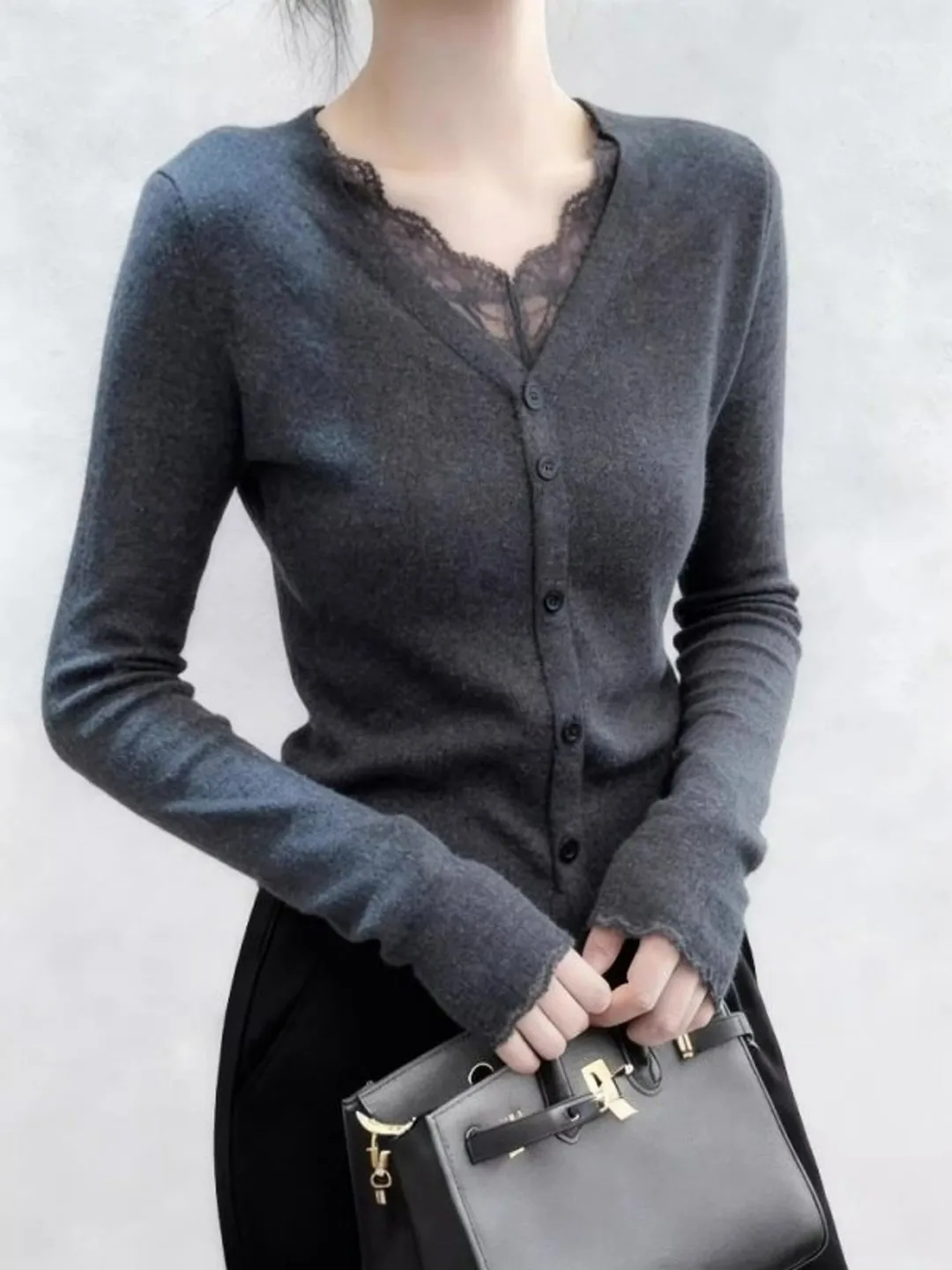 Deep Grey Lace Base Shirt Women's Slim Fit Long Sleeve T-Shirt Inner Wear Casual Style Versatile Autumn New Arrival