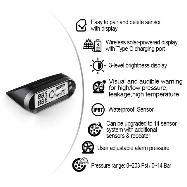 TPMS Sensor Tire Pressure Monitoring System With 6Pcs Sensors Solar Power LCD Color Screen Truck Car Tyre Pressure Range 0-14Bar