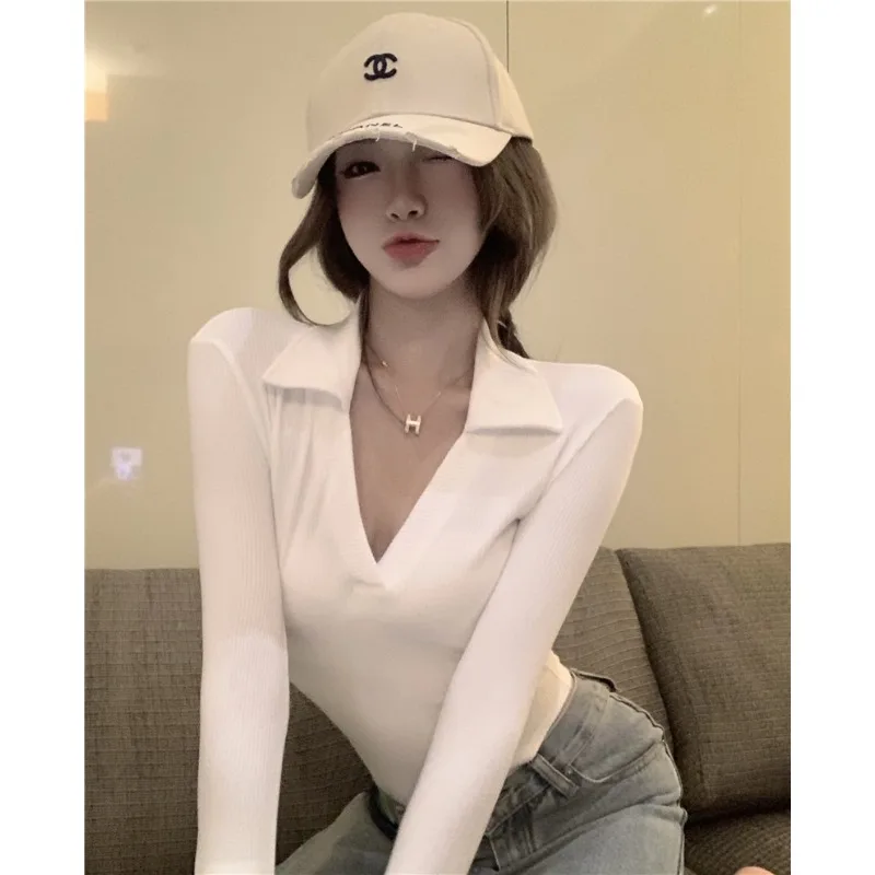 

American Retro Solid Color V-neck Long Sleeve Jumpsuit Women's Sexy Slim Bodysuit Fashion Senior Ins Hottie One-piece Clothing