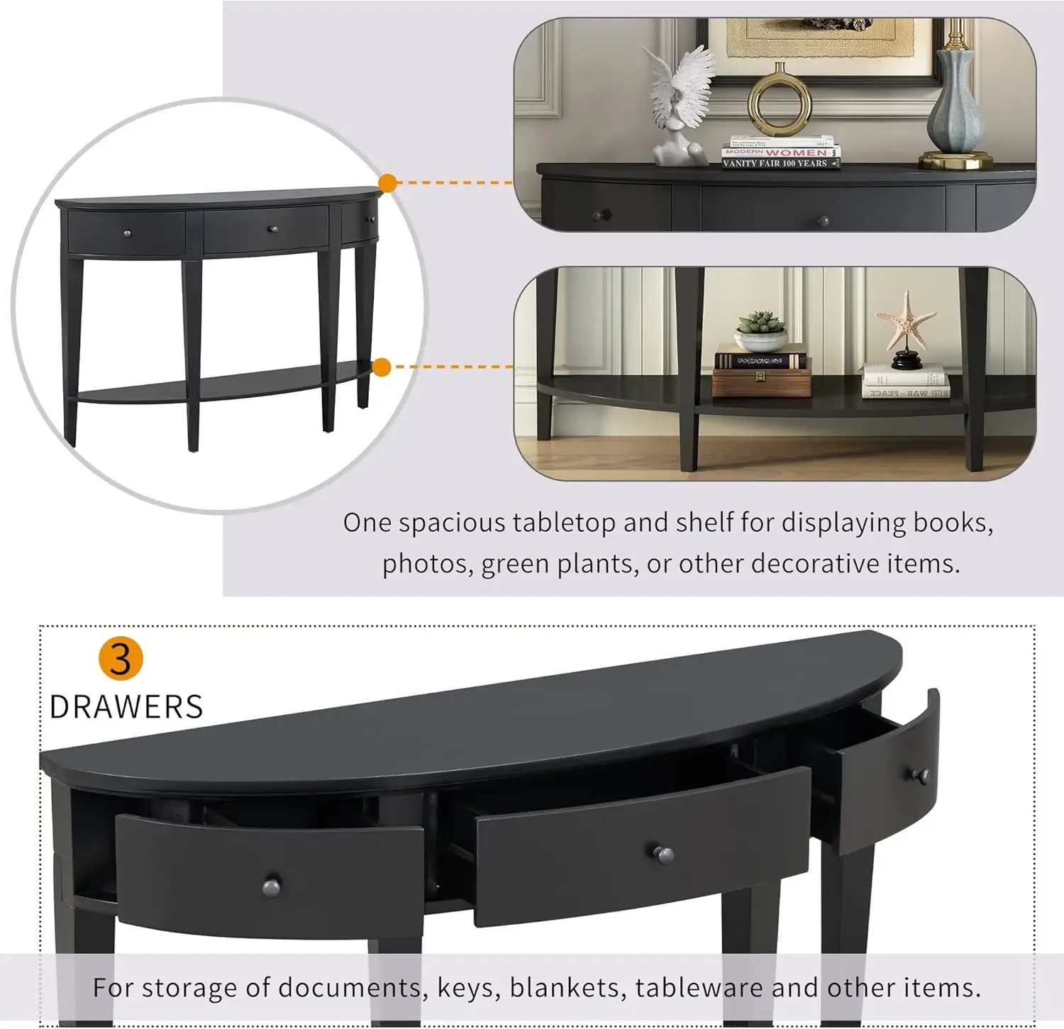 Table console incurvée moderne pour couloir, étagère de rangement pour entrée, salon, assemblage facile, 3 portes de proximité