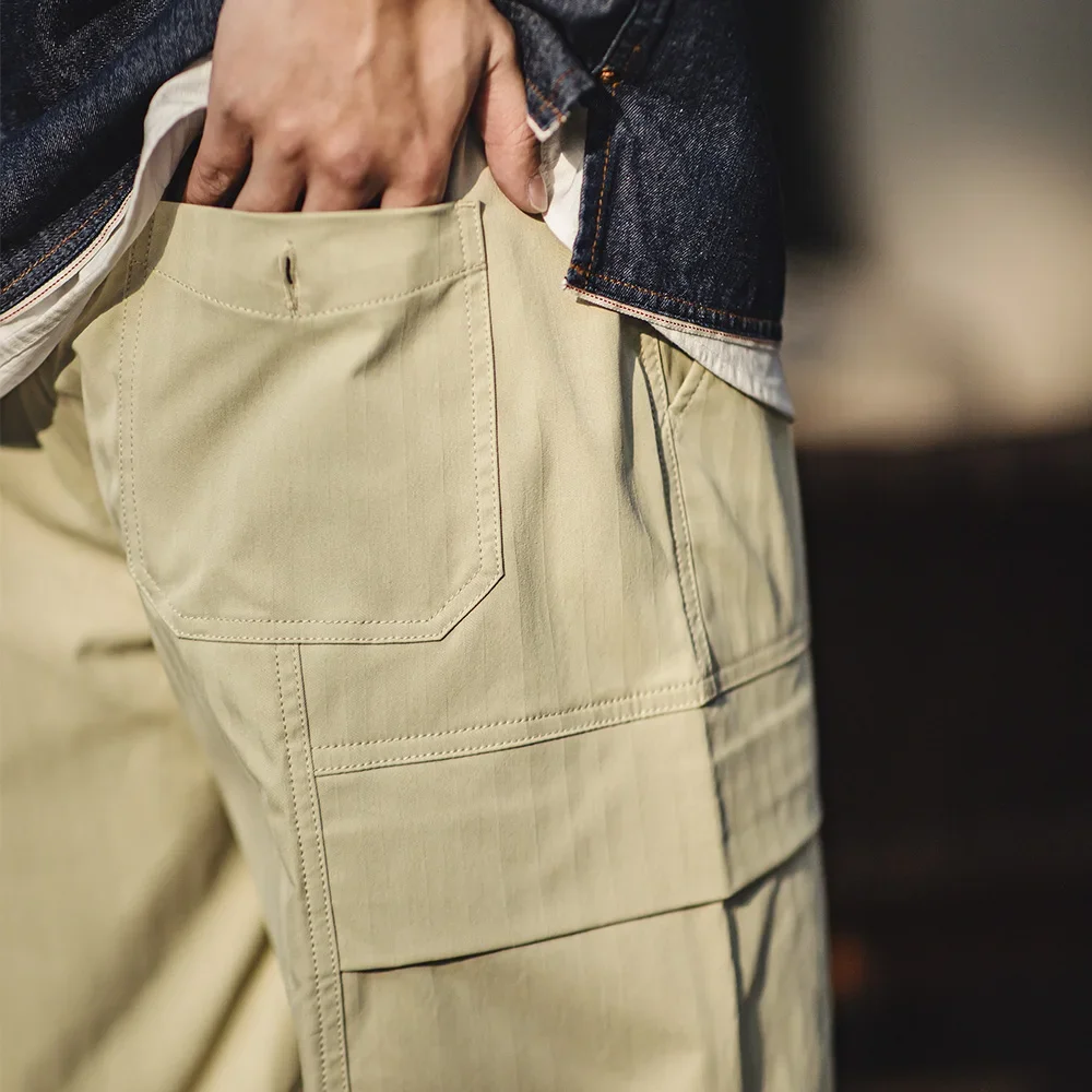 Maden Men's Vintage Multi-pocket Casual Cargo Pants Vibe Herringbone Long Pants Straight Leg Loose Trousers for Spring Autumn