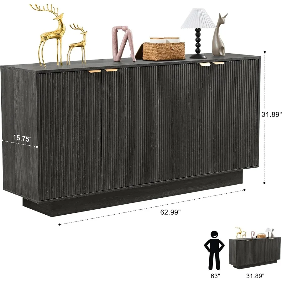 خزانة بوفيه جانبية كبيرة الحجم مقاس 63 بوصة، طاولة بوفيه حديثة، خزانة بار النبيذ مع 4 أبواب لغرفة الطعام