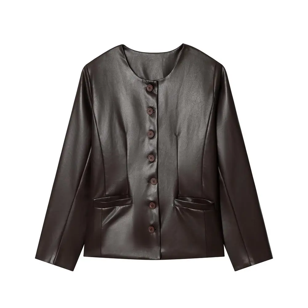 Prendas de abrigo de invierno para mujer Jaet de cuero redondas informales con parches ket Decoraciones Multi-Buled Sle