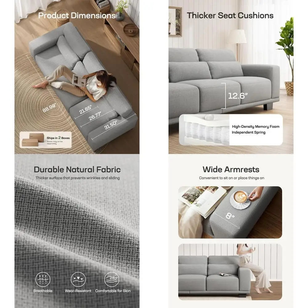 

Трехместный диван, 89 см, с широкими подлокотниками, глубокими подушками, льняными чехлами, съемными и моющимися, серый диван для гостиной