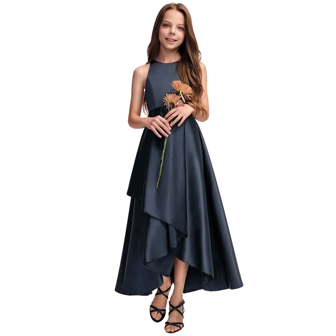 YZYmanualroom Flor Menina Vestido Júnior dama de honra A linha colher cetim assimétrico Com Cascading Ruffle 2-15T