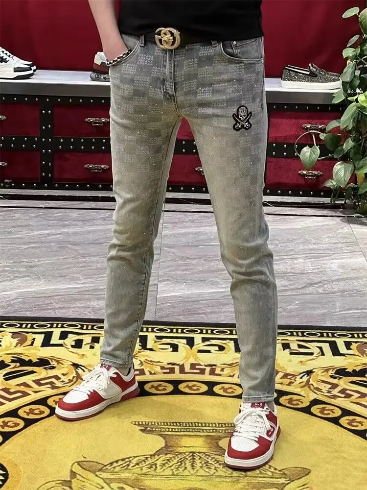 

Мужские джинсы с высокой талией в стиле ретро, ​​эластичные хлопковые джинсовые брюки с модным принтом, весенне-осенние, молодежная повседневная одежда