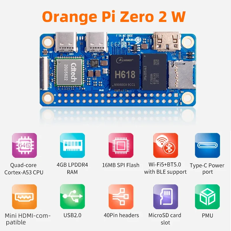 

Orange Pi Zero 2 W 4GB 2GB 1.5GB 1GB RAM Allwinner H618 Quad-core Cortex-A53 Mini PC Support WiFi5 + BT5.0 For Orange Pi Zero 2W