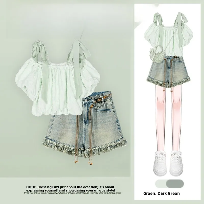 

Versatile Anti-Aging Belted Top And orts Set Summer 2026 New Sle Multi-Dopne College Sle Denim orts Two-Piece Set