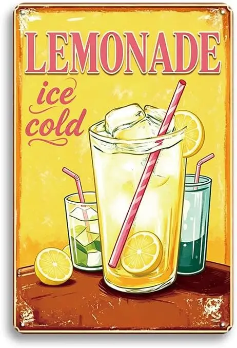 YOYI ART Vintage Summer Lemon Metal Sign - LEMONADE ice cold Tin Poster for Home Kitchen Garden Office or Bar,  --Tin Sign