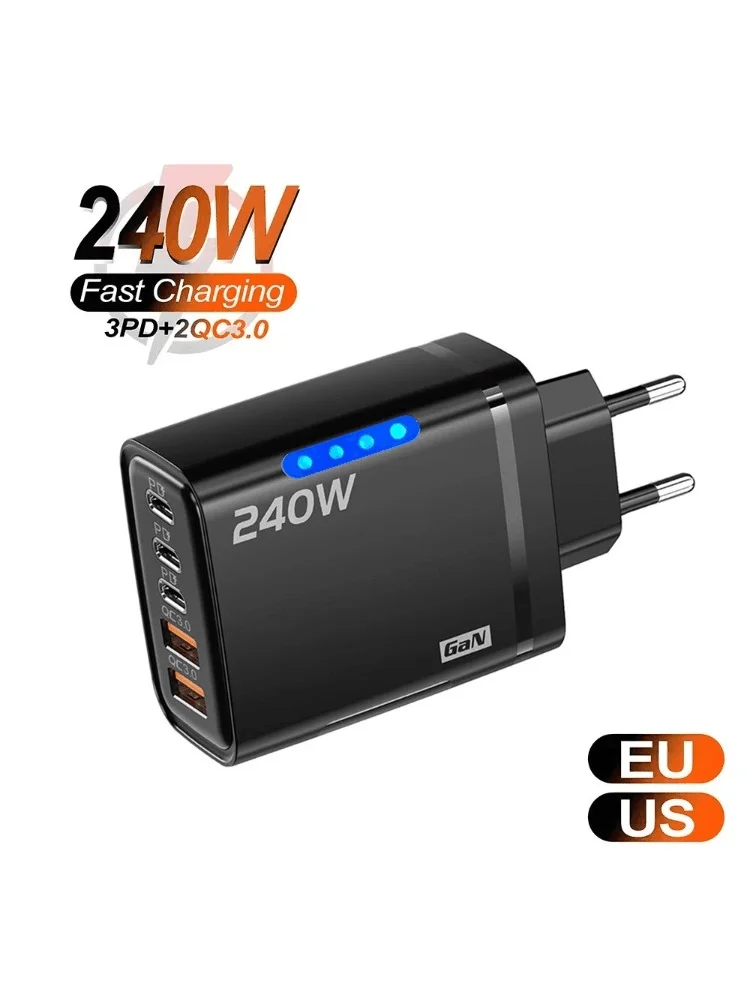 Ładowarka USB C GaN 240W 5 w 1 Szybka Ładowarka do Telefonu Adapter Zasilania do iPhone Samsung Xiaomi Typ C Wtyczka EU/US Ładowarka Ścienna — zdjęcie 2