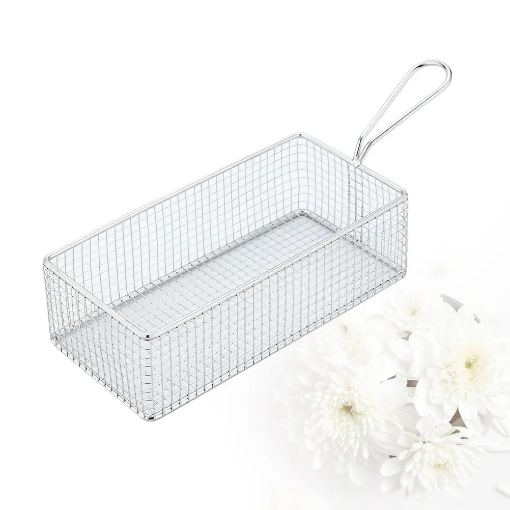 

Stainless Steel Single Handle Oil Frying Mesh Basket Rectangular Snack Fruit Bowl Filter Screen Basket for French Fries Wings