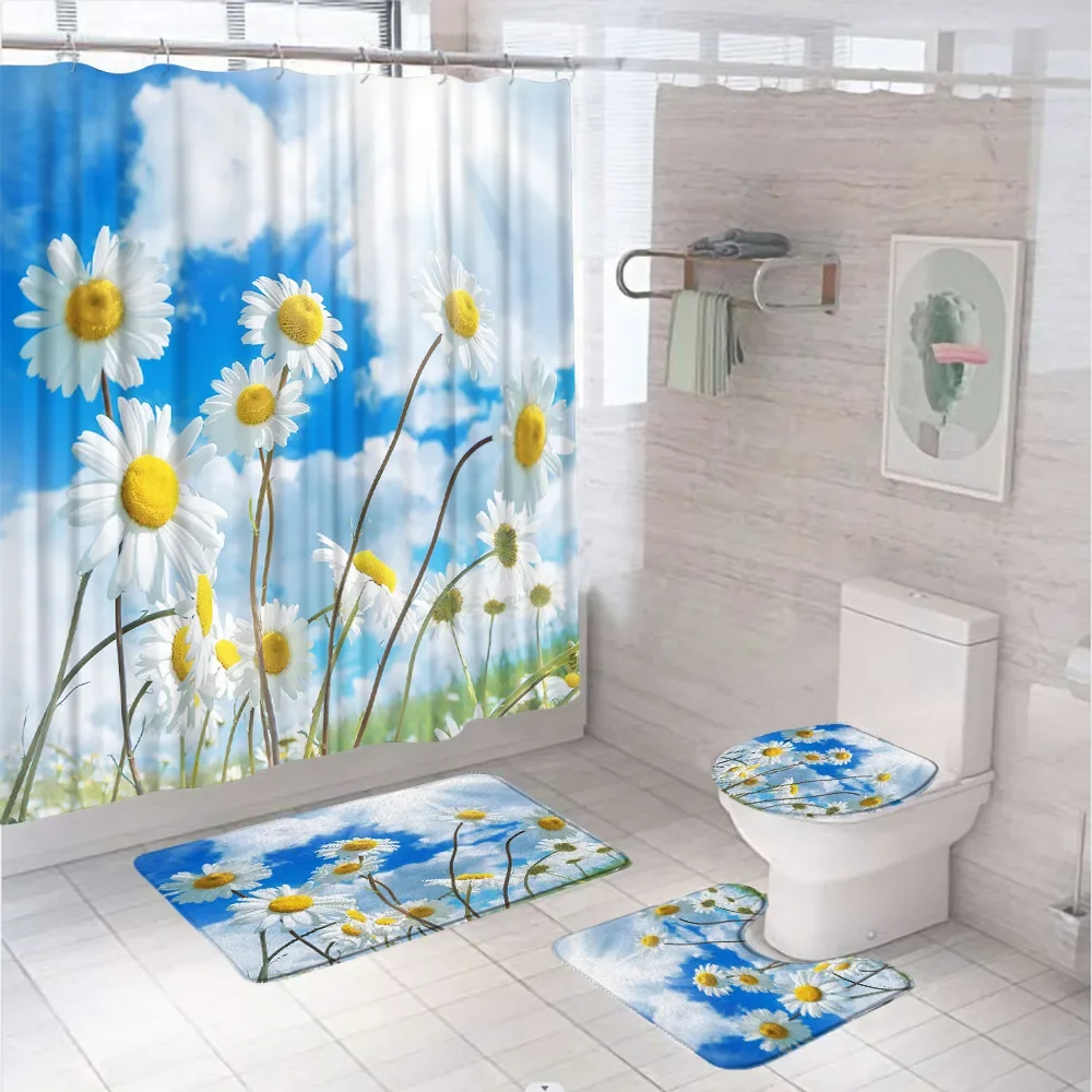 Watercolor Floral Butterfly Shower Curtain Set Plant Leaves Natural Blooming Flower Bathroom Decor Bath Mat Rug Lid Toilet Cover