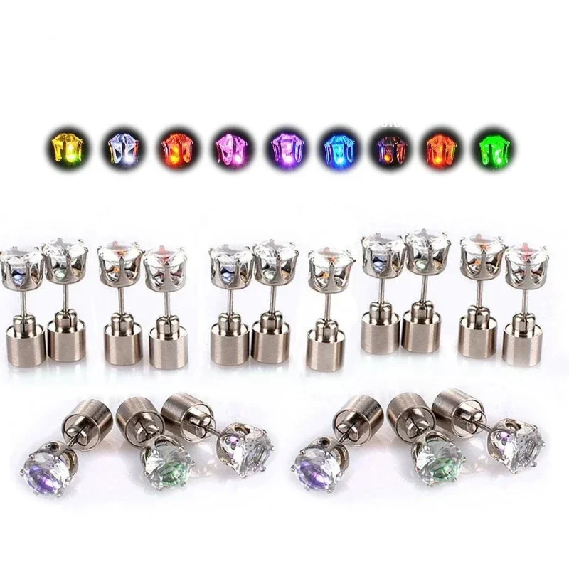 10 Pair Charm LED Light up Diamond Shaped Glowing Crystal Stainless Studs Earring Party Birthday Gift Halloween Wedding Festival