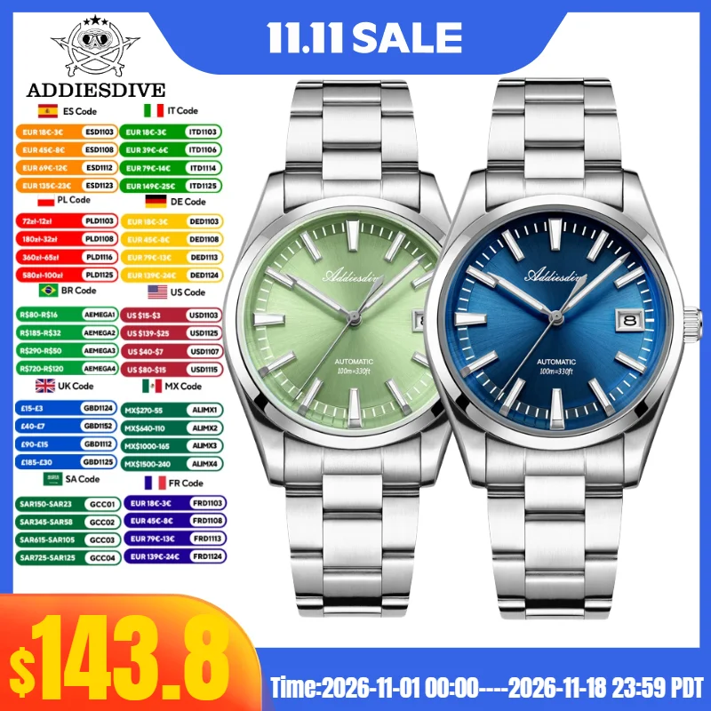ADDIESDIVE 39mm AD2077 Men Fasion Watch Reloj Hombre BGW9 Super Luminous 100m Waterproof Japan NH35A Automatic Mechanical Watch