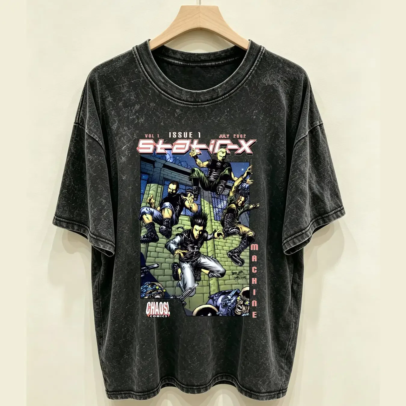 washed T Shirt Vintage Static X Machine Size 2XL 2002 Black Y2K Double Sided long or short sleeves vintage Washed Soft Slightly