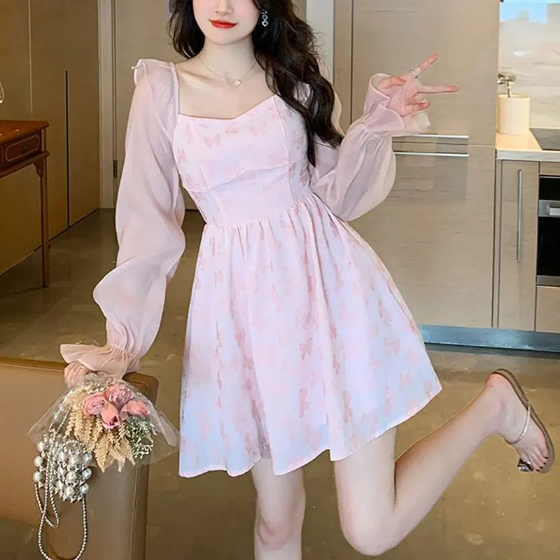 

Gentle Broken Flowers Sweet Mini Dress Spring Autumn Square Collar Women's Clothing French Style Long-sleeved A-Line Dresses New