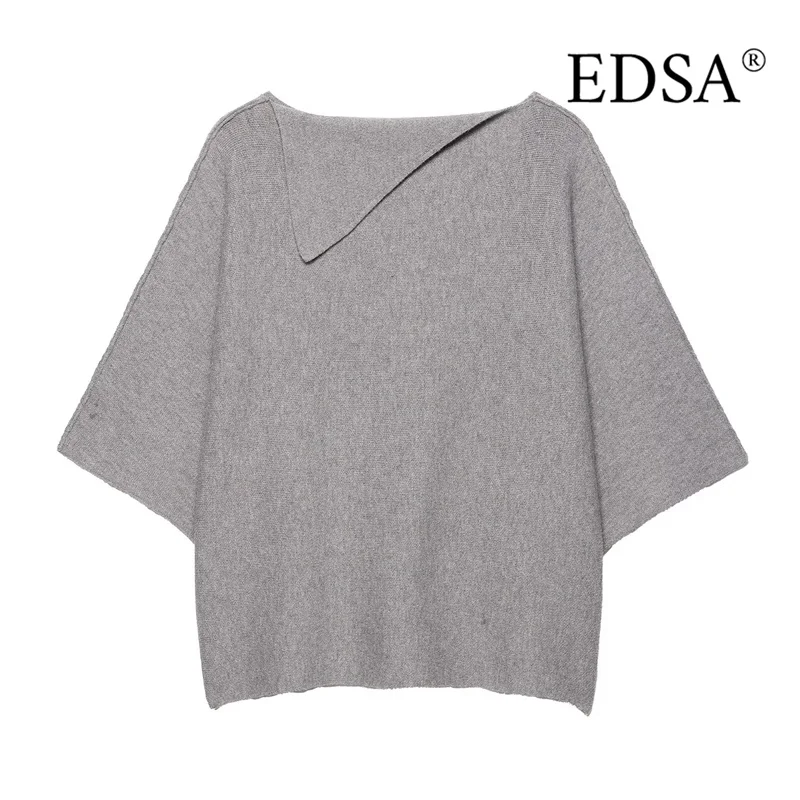 

EDSA Women Knitted Sweater Jumper with Lapel Collar Wide Sleeves Half Sleeves Spring Autummn Pullover Tops