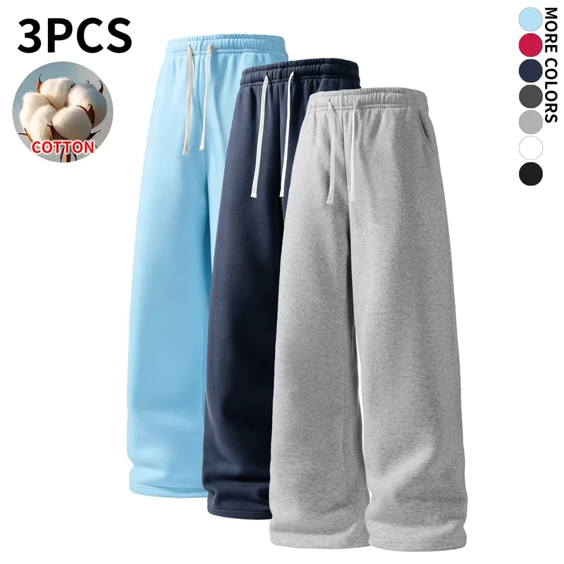 Men Wide Leg Sweatpants 3 Pack Soft Cotton Loose Fit Drawstring Casual Long Pants Trendy Streetwear Bottoms for Lounging Outings