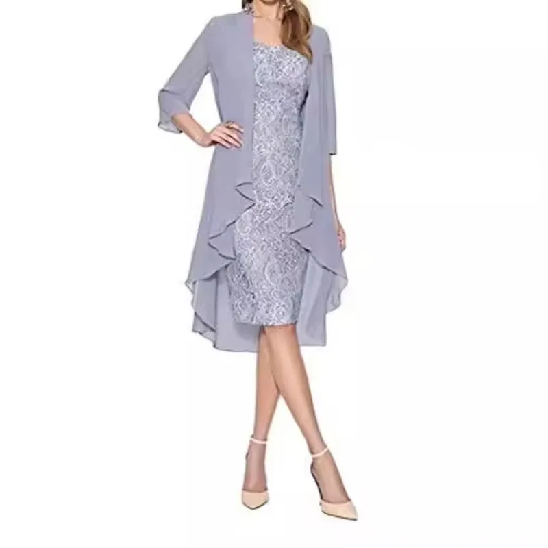 Vestido ajustado de Color liso de dos piezas para mujer, nuevo vestido largo de gasa de encaje, conjunto de ropa de moda de verano